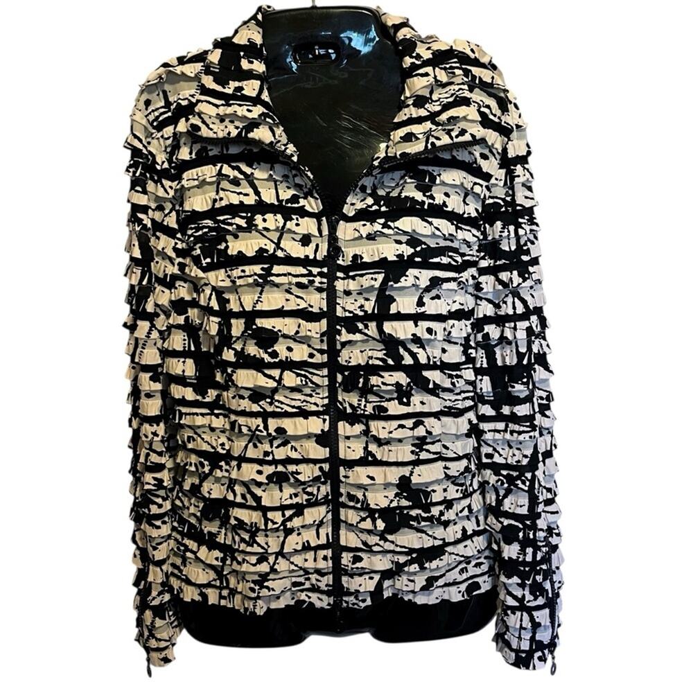 Joseph Ribkoff Jacket 14 Abstract Paint Print Ruffle Textured Zip Art to Wear